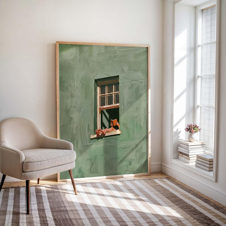 Ein Kunstdruck, der eine lesende Frau am Fenster zeigt, eine salbeigrüne Wanddekoration