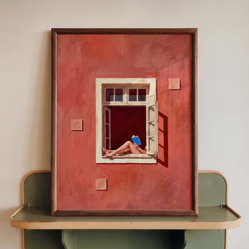 Kunstdruck Lesende Frau am Fenster, Terrakotta Wandbild, Minimalistische Dekoration für Leseecke