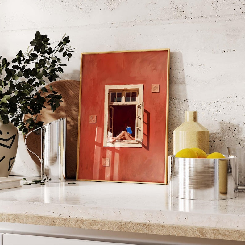 Kunstdruck Lesende Frau am Fenster, Terrakotta Wandbild, Minimalistische Dekoration für Leseecke