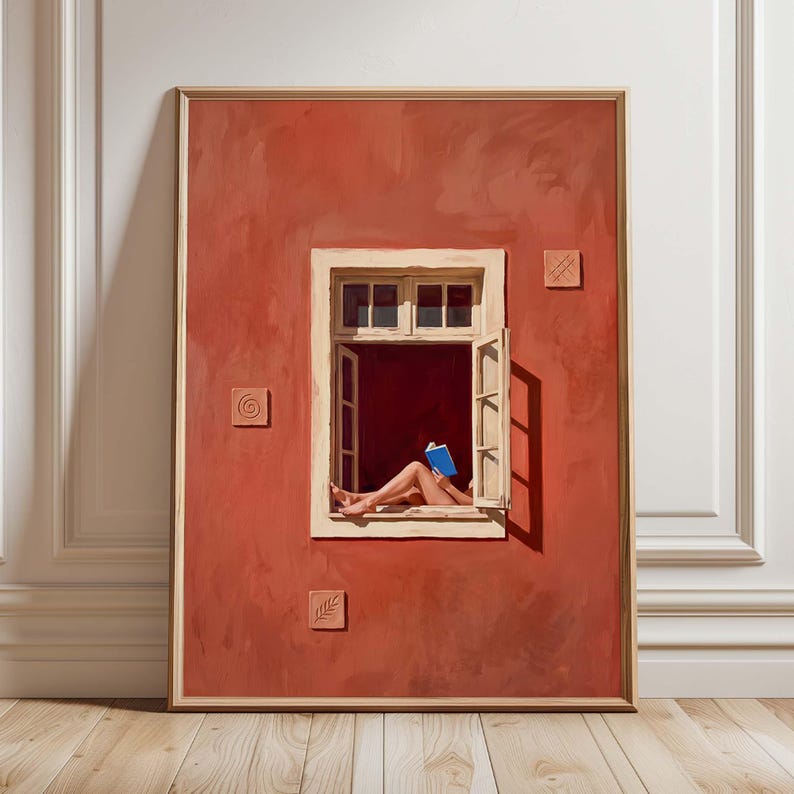 Kunstdruck Lesende Frau am Fenster, Terrakotta Wandbild, Minimalistische Dekoration für Leseecke