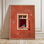 Kunstdruck Lesende Frau am Fenster, Terrakotta Wandbild, Minimalistische Dekoration für Leseecke