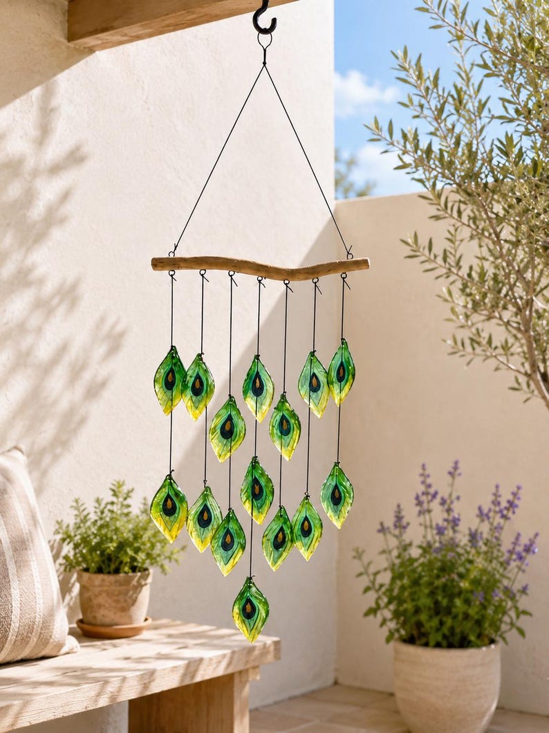 Windspiel aus Glas mit Vogelfedern, handgefertigt, Hängedekoration für Garten und Küste, 84 cm