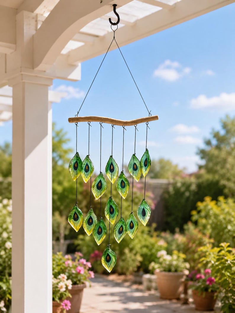 Windspiel aus Glas mit Vogelfedern, handgefertigt, Hängedekoration für Garten und Küste, 84 cm
