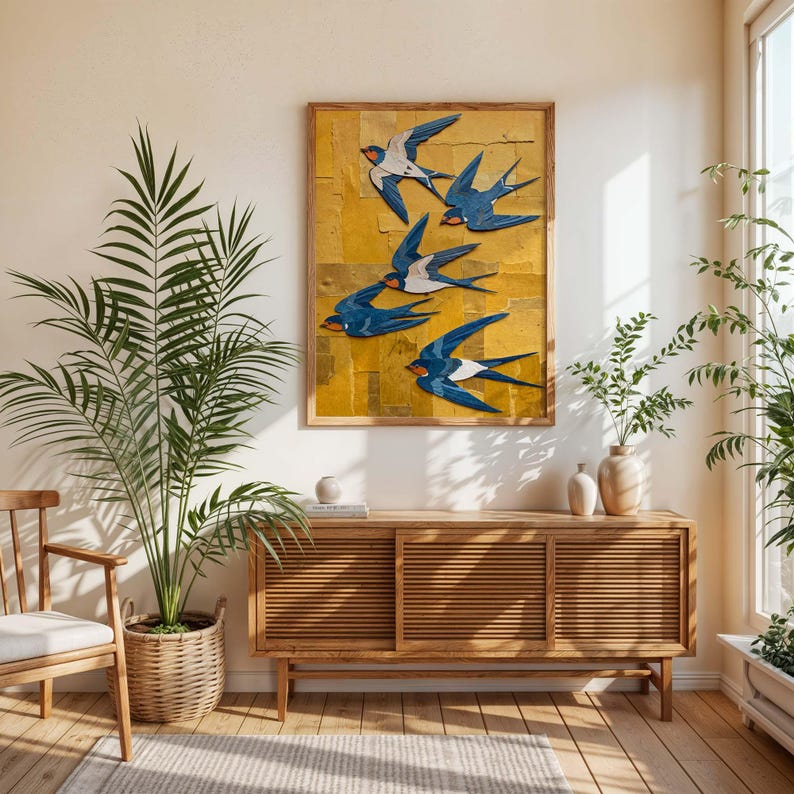 Wandbild Blauschwalbe Scherenschnitt-Optik botanisches Poster Senfgelb Galeriedekoration