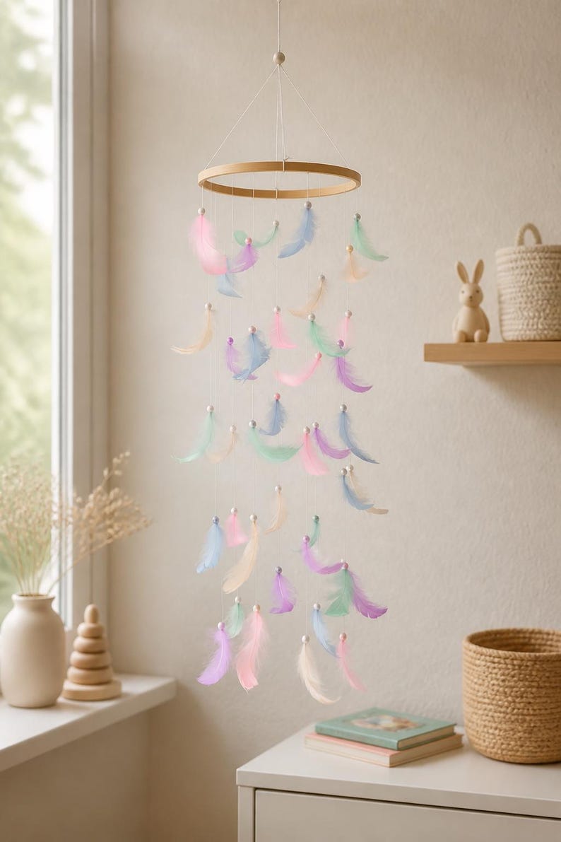 Mobile aus pastellfarbenen Federn mit Bambusring, Höhe 70 cm, Dekoration für Innenräume