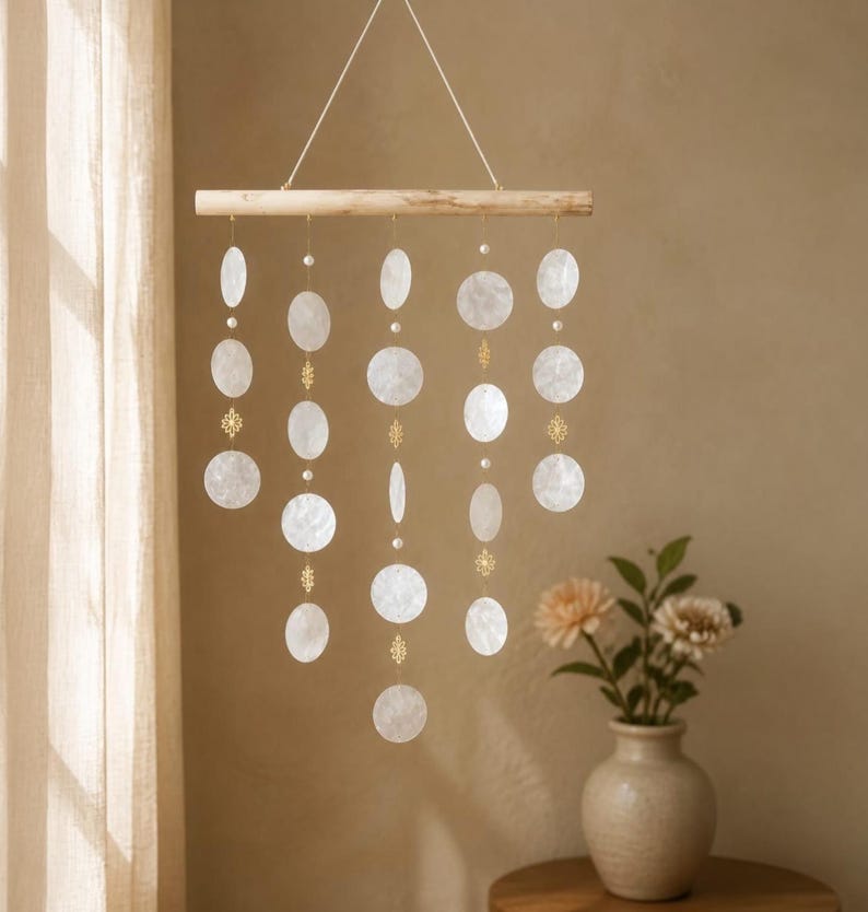 White Capiz Shell Wind Chime Boho Mobile 50 cm – Handcrafted Decor for Balcony, Terrace & Indoor Rooms