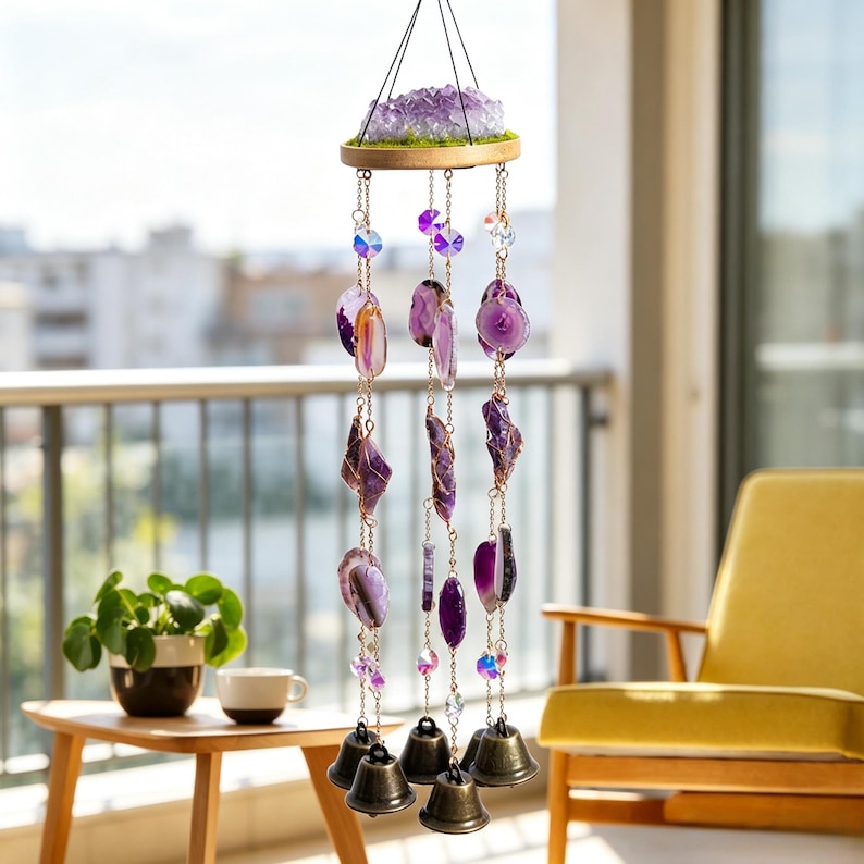 Amethyst Achat Windspiel, lila Kristall Klangspiel, Boho Balkon Terrasse Fenster Dekor