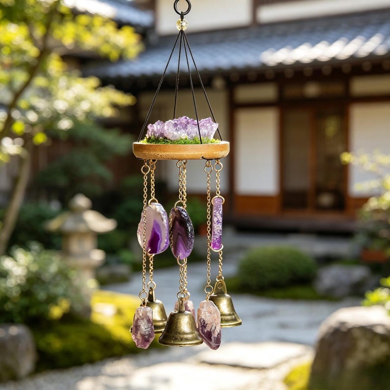 Amethyst Achat Windspiel, lila Kristall Klangspiel, Boho Balkon Terrasse Fenster Dekor