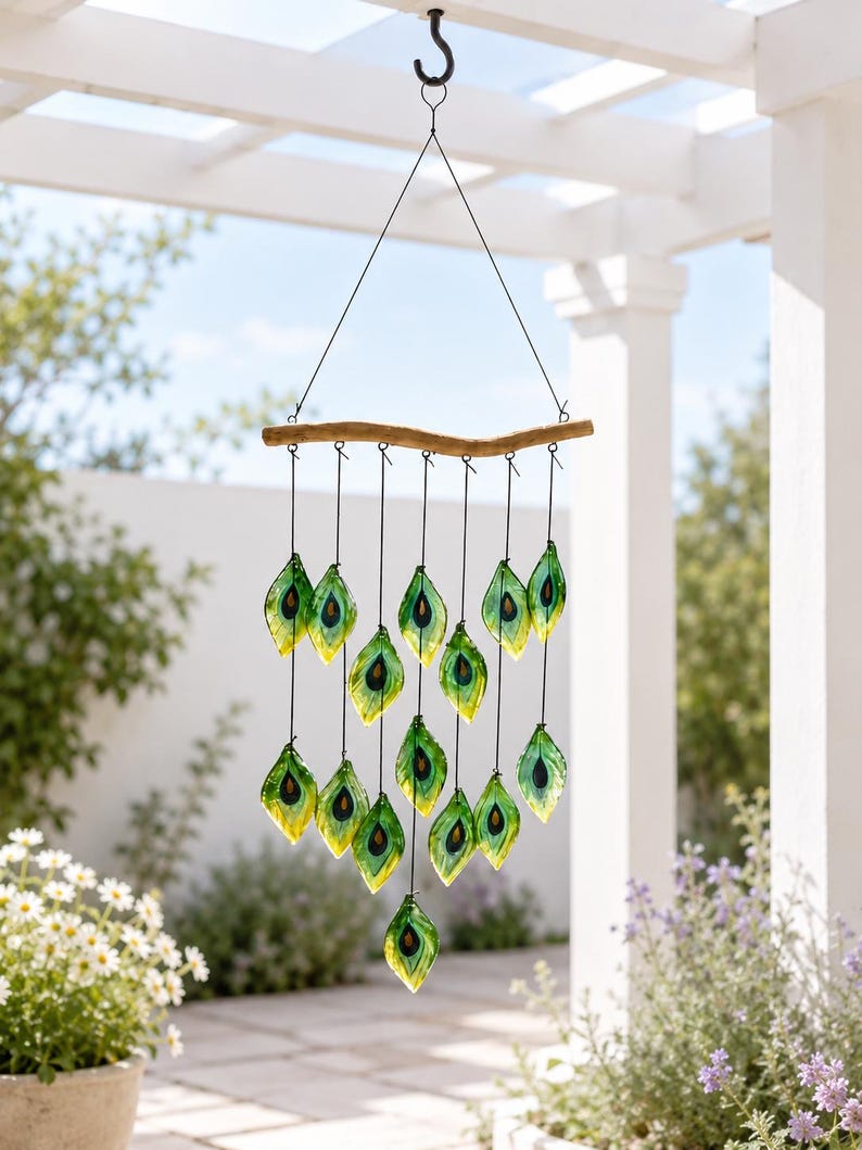 Windspiel aus Glas mit Vogelfedern, handgefertigt, Hängedekoration für Garten und Küste, 84 cm