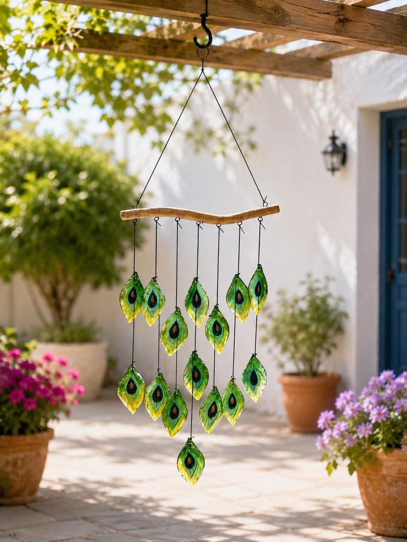 Windspiel aus Glas mit Vogelfedern, handgefertigt, Hängedekoration für Garten und Küste, 84 cm