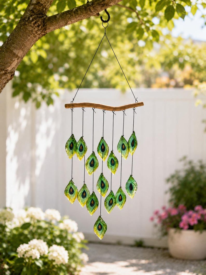 Windspiel aus Glas mit Vogelfedern, handgefertigt, Hängedekoration für Garten und Küste, 84 cm