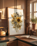 Gepresste Sonnenblumen Wandkunst | Herbarium Wildblumen Poster | Boho Erdton Blumendekor