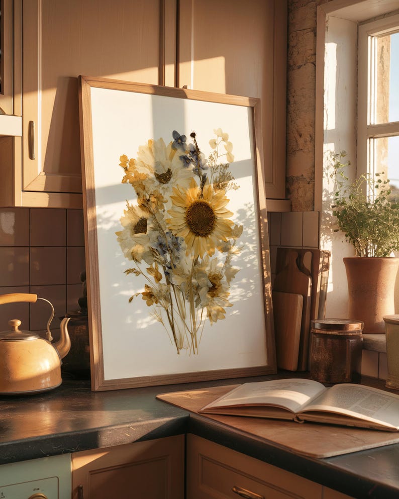 Gepresste Sonnenblumen Wandkunst | Herbarium Wildblumen Poster | Boho Erdton Blumendekor