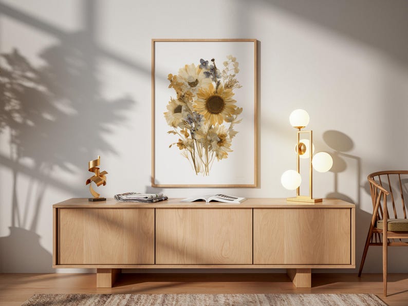 Gepresste Sonnenblumen Wandkunst | Herbarium Wildblumen Poster | Boho Erdton Blumendekor