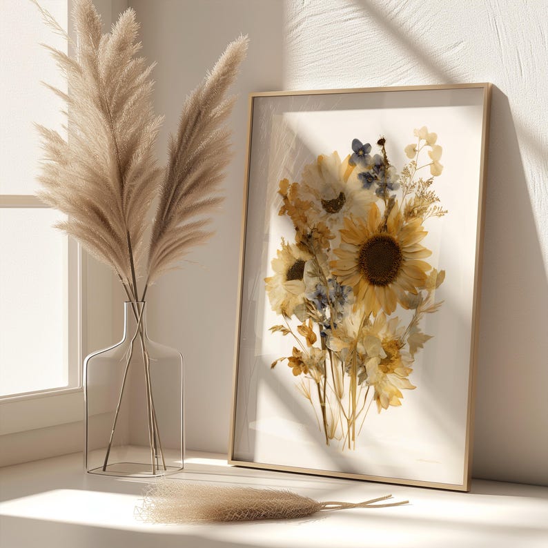 Gepresste Sonnenblumen Wandkunst | Herbarium Wildblumen Poster | Boho Erdton Blumendekor