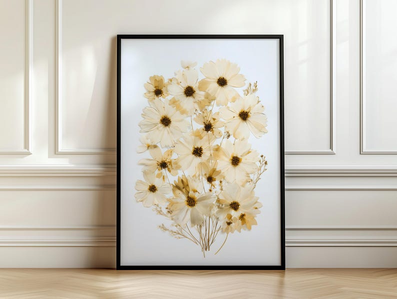 Kosmischer Blumendruck | Pflanzenwanddekoration, neutrales minimalistisches Blumenmotiv, cremefarbenes Dekoposter
