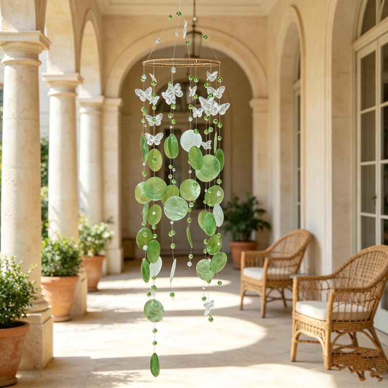Grünes Muschel-Schmetterling-Windspiel Boho Strand Wohnkultur Terrassenhänger