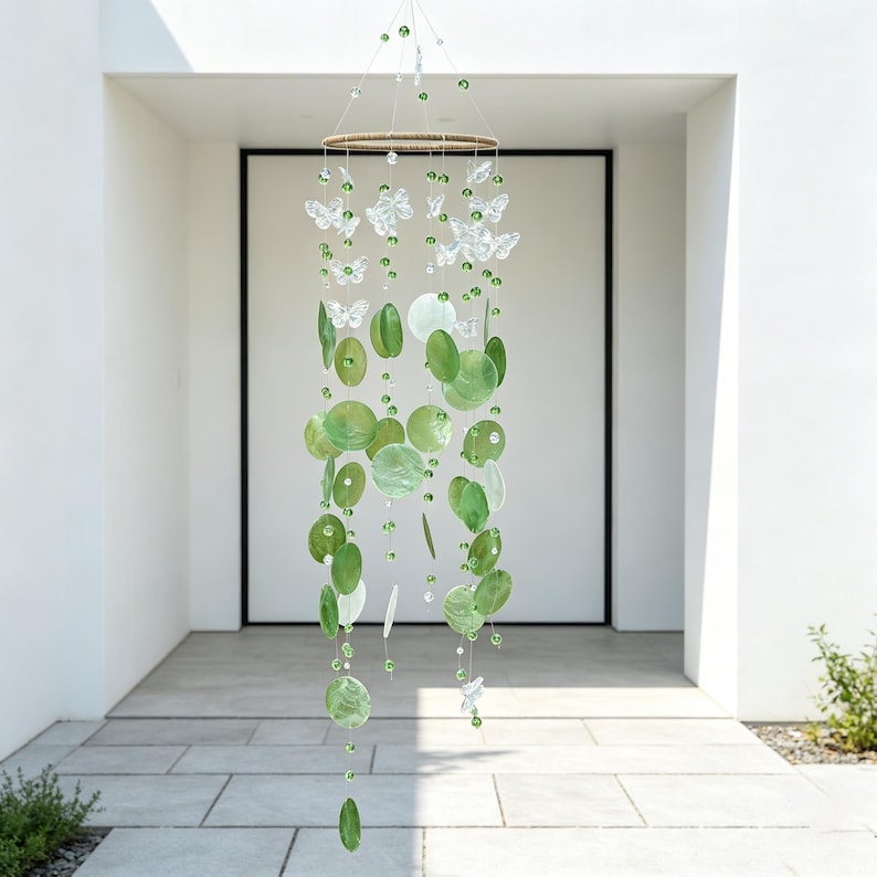 Grünes Muschel-Schmetterling-Windspiel Boho Strand Wohnkultur Terrassenhänger