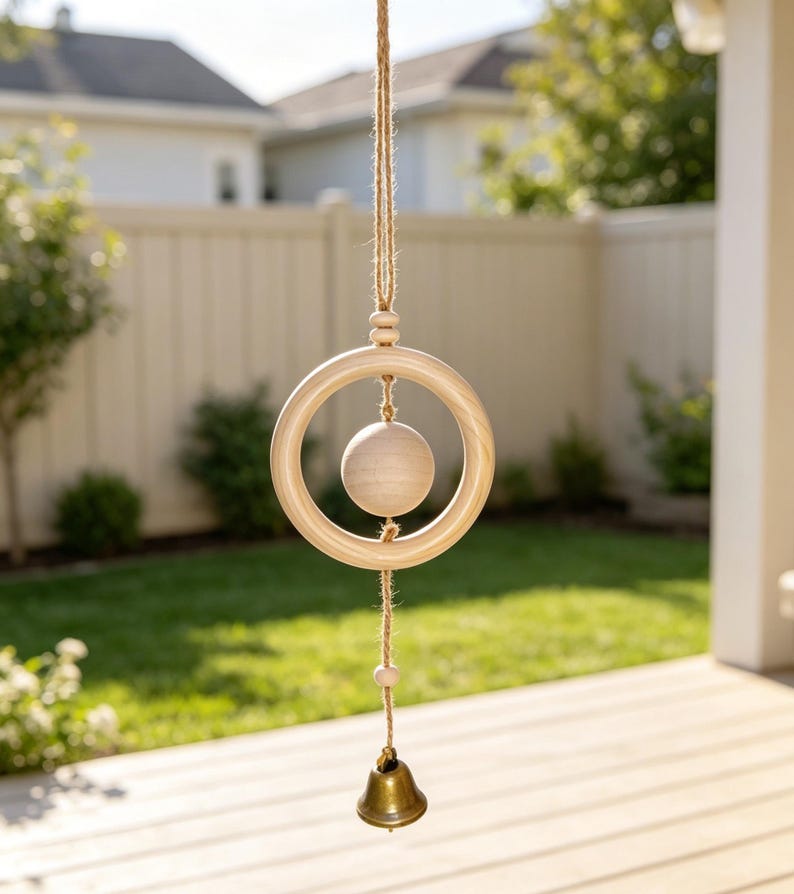 Naturholz Windspiel, minimalistische Zen Hängeglocke, Boho Wohnzimmer Deko, Blattform oder Glockenform, 12 cm Holzring