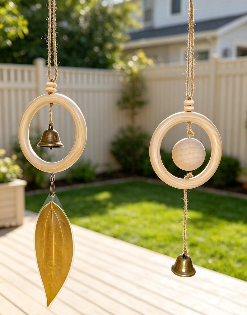 Naturholz Windspiel, minimalistische Zen Hängeglocke, Boho Wohnzimmer Deko, Blattform oder Glockenform, 12 cm Holzring