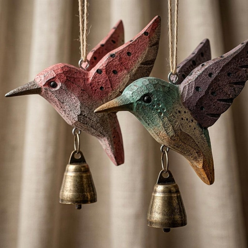 Geschnitztes Kolibri-Windspiel aus Massivholz für Außenbereiche, Hängedekoration für Terrasse, Balkon und Garten – 3 Stiloptionen