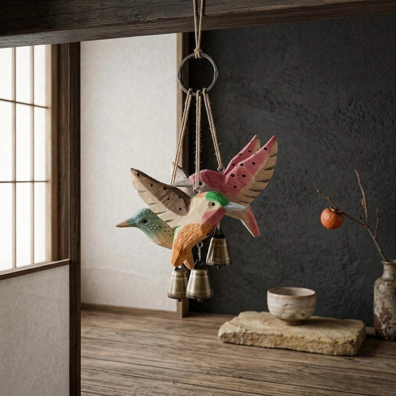 Geschnitztes Kolibri-Windspiel aus Massivholz für Außenbereiche, Hängedekoration für Terrasse, Balkon und Garten – 3 Stiloptionen