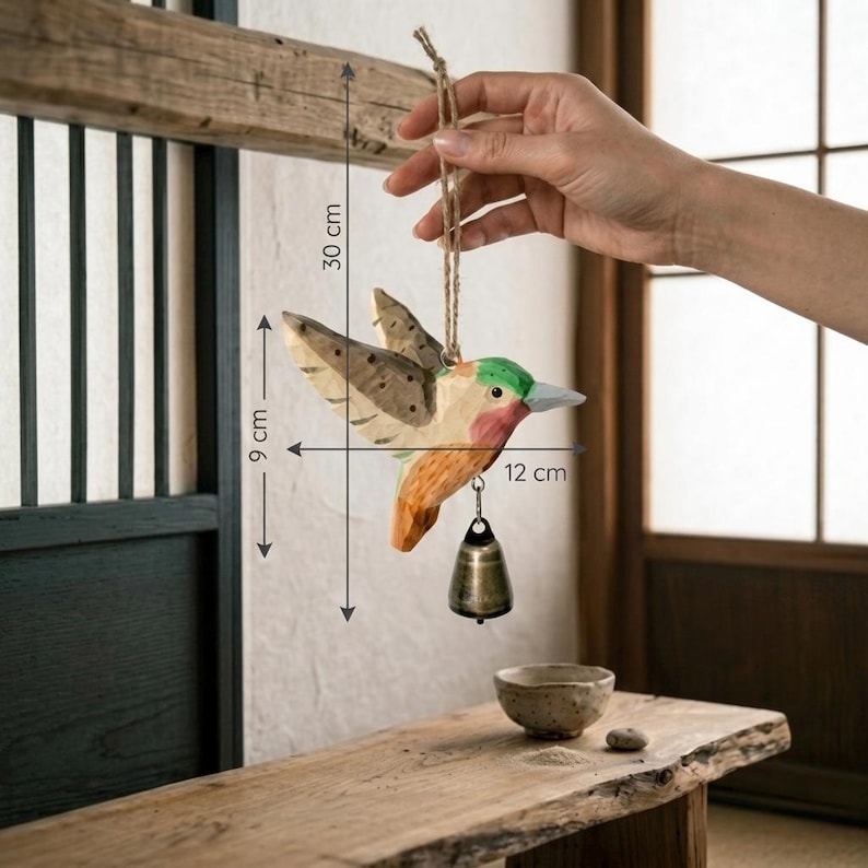 Geschnitztes Kolibri-Windspiel aus Massivholz für Außenbereiche, Hängedekoration für Terrasse, Balkon und Garten – 3 Stiloptionen