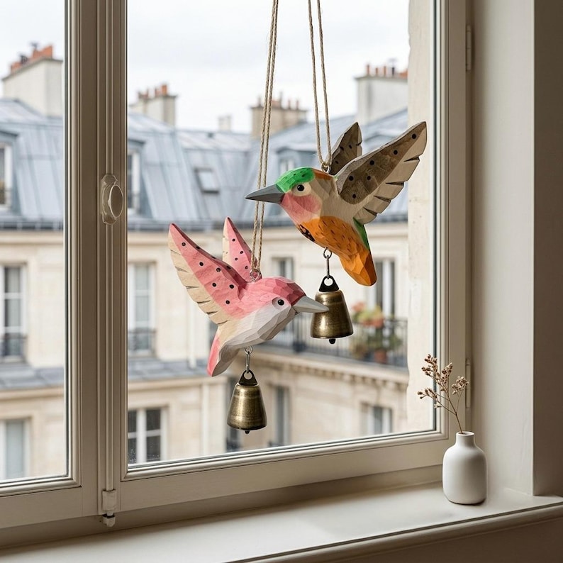 Geschnitztes Kolibri-Windspiel aus Massivholz für Außenbereiche, Hängedekoration für Terrasse, Balkon und Garten – 3 Stiloptionen