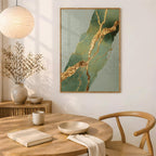 Kintsugi-Kunstdruck, Salbeigrün | Wanddekor-Gemälde, diagonales Rissmuster mit Blattgold
