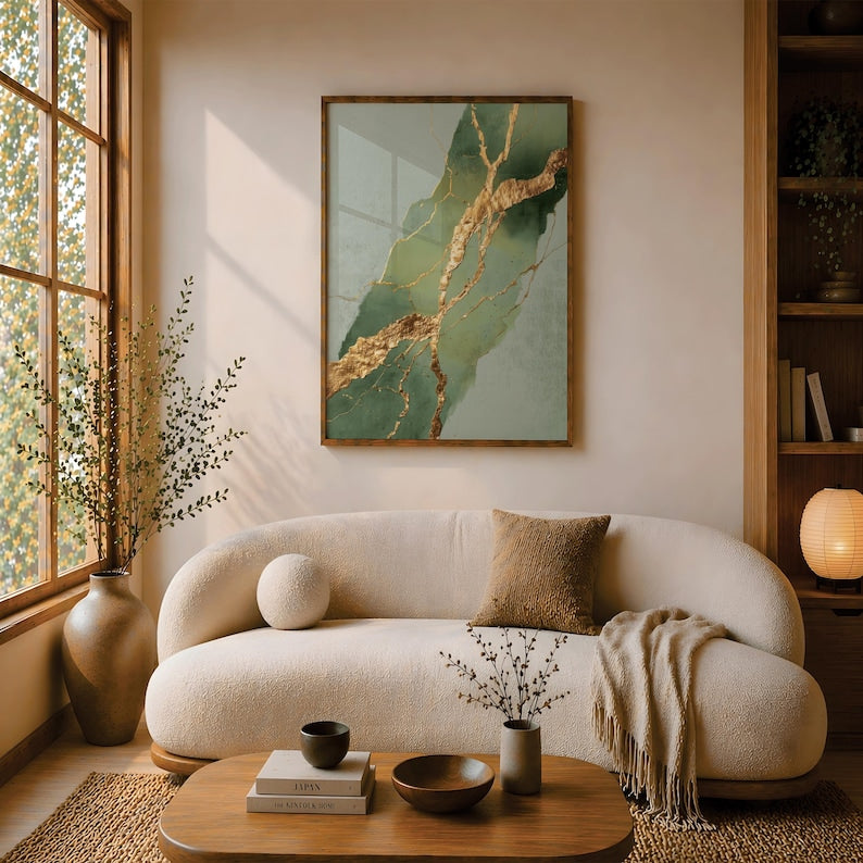 Kintsugi-Kunstdruck, Salbeigrün | Wanddekor-Gemälde, diagonales Rissmuster mit Blattgold