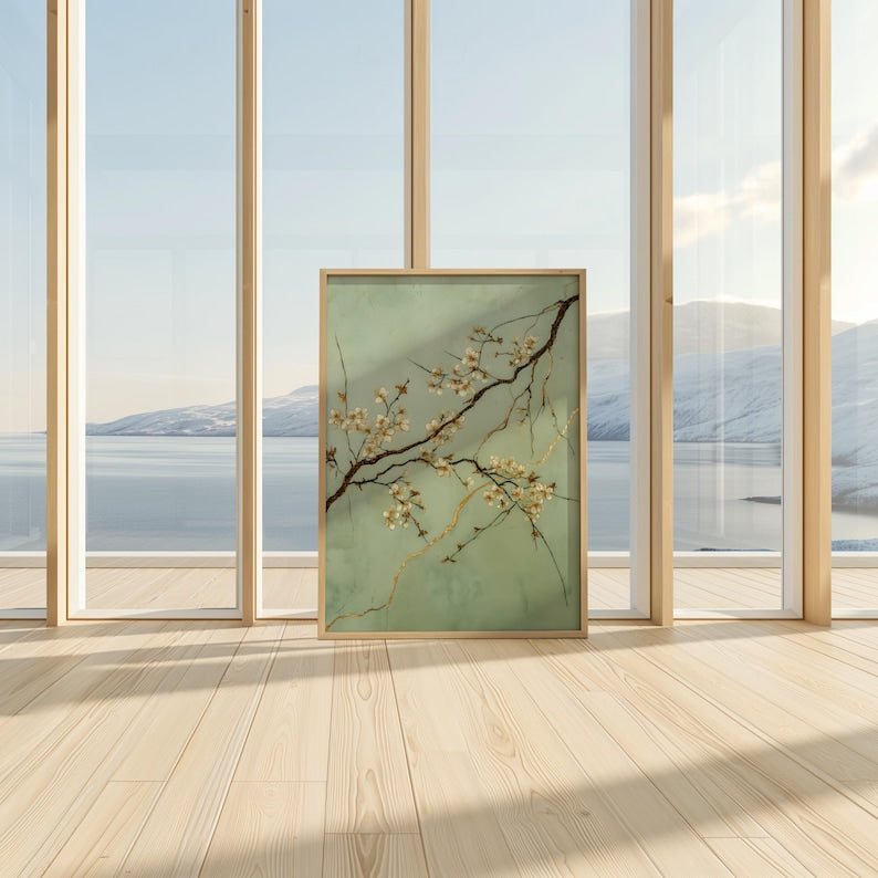 Kintsugi-Kunstdruck mit Pflaumenblüten | Grüne Salbeizweige und goldene, geplatzte Pflaumenblüten: Eine Wanddekoration für den Frühlingsgarten