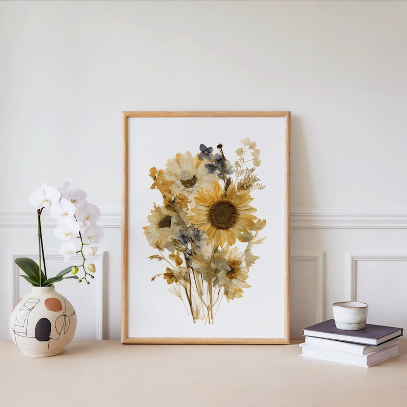 Gepresste Sonnenblumen Wandkunst | Herbarium Wildblumen Poster | Boho Erdton Blumendekor