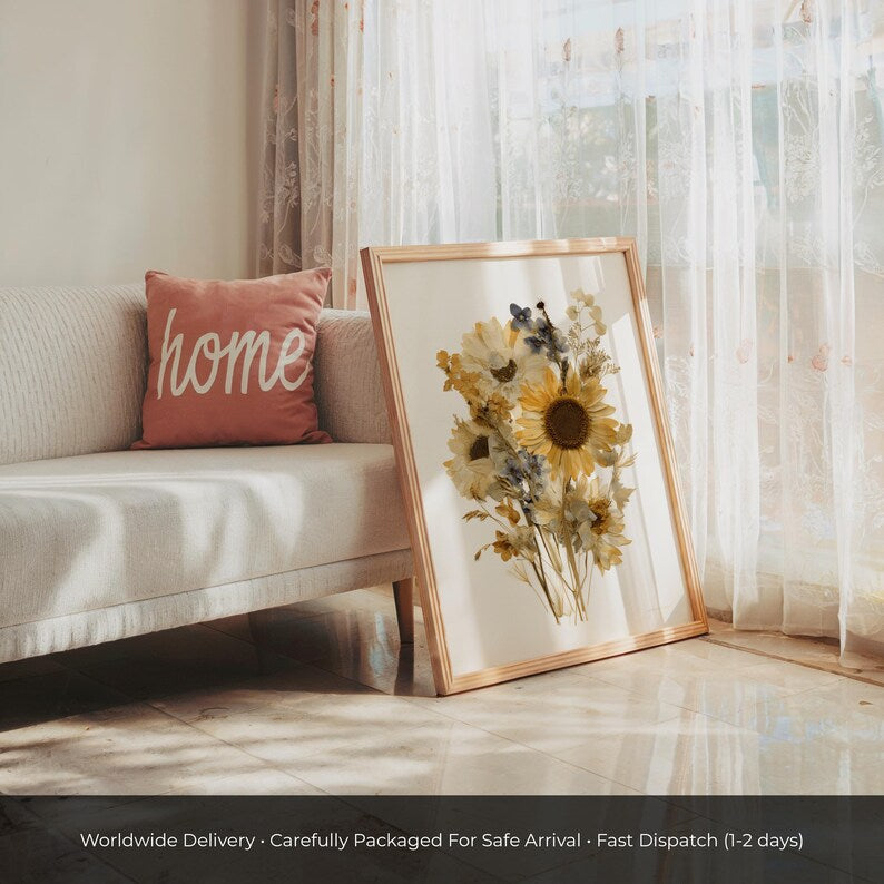 Gepresste Sonnenblumen Wandkunst | Herbarium Wildblumen Poster | Boho Erdton Blumendekor