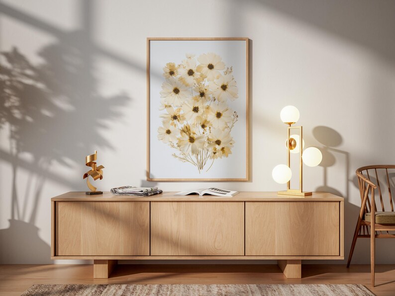 Kosmischer Blumendruck | Pflanzenwanddekoration, neutrales minimalistisches Blumenmotiv, cremefarbenes Dekoposter