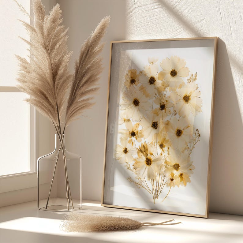 Kosmischer Blumendruck | Pflanzenwanddekoration, neutrales minimalistisches Blumenmotiv, cremefarbenes Dekoposter