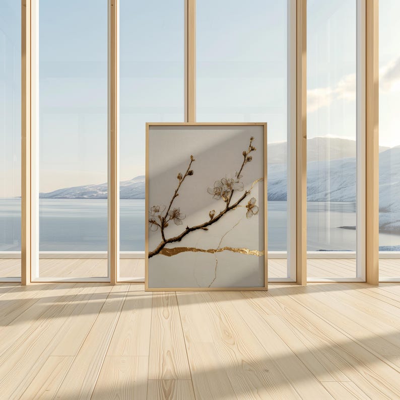 Kintsugi-Pflaumenblüten-Poster als Wanddekoration – Cremefarbene Zweige, geschmückt mit goldenen Pflaumenblüten, Frühlingsdekoration, Kirschblütenkunst