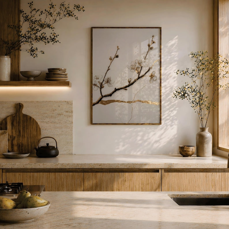 Kintsugi-Pflaumenblüten-Poster als Wanddekoration – Cremefarbene Zweige, geschmückt mit goldenen Pflaumenblüten, Frühlingsdekoration, Kirschblütenkunst