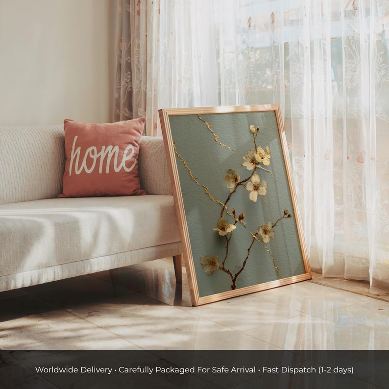 Kintsugi-Pflaumenblüten-Druck | Wandbild mit blauen Salbeizweigen und goldenen Details