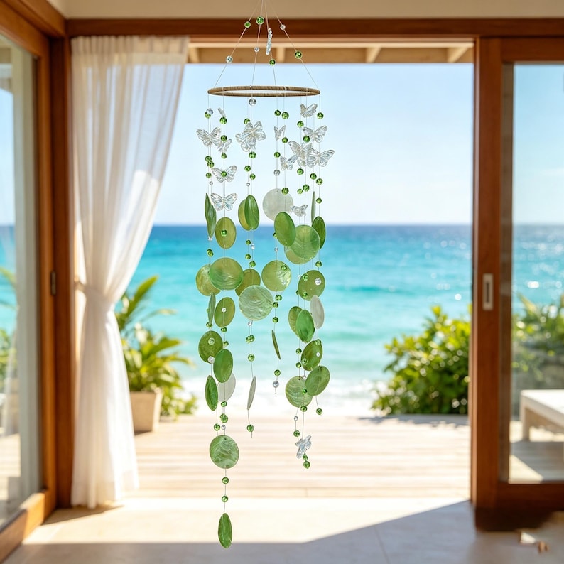 Grünes Muschel-Schmetterling-Windspiel Boho Strand Wohnkultur Terrassenhänger