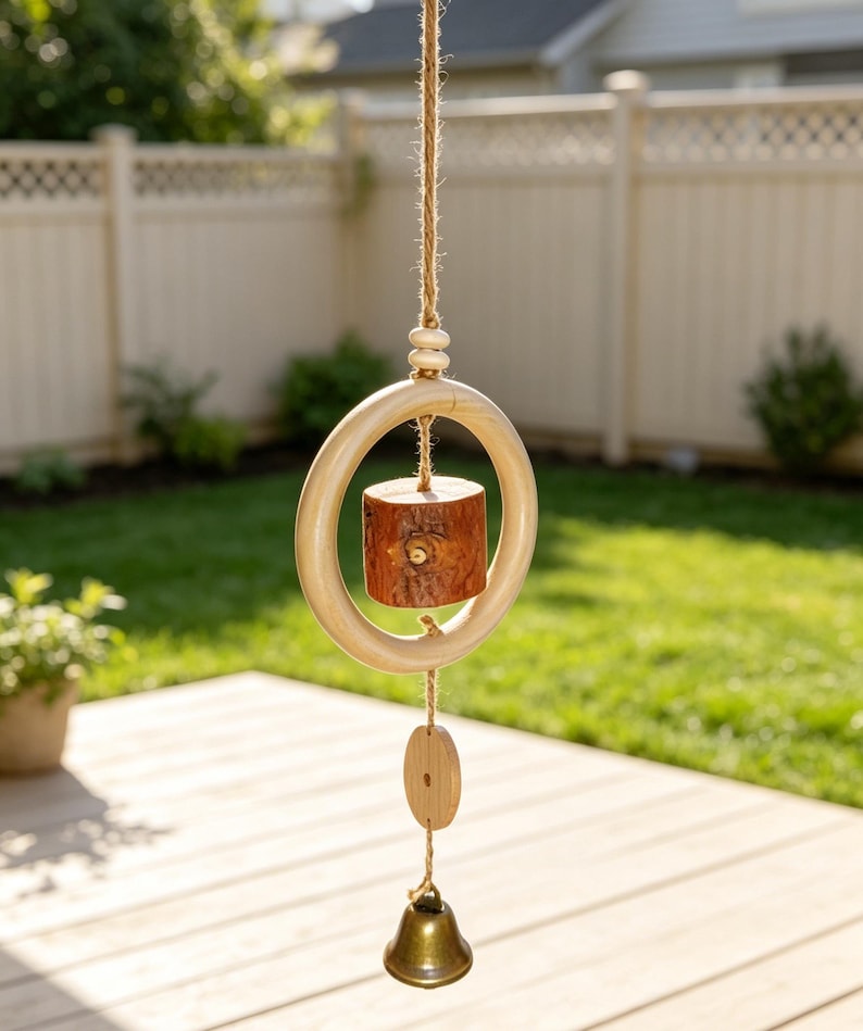 Naturholz Windspiel, minimalistische Zen Hängeglocke, Boho Wohnzimmer Deko, Blattform oder Glockenform, 12 cm Holzring