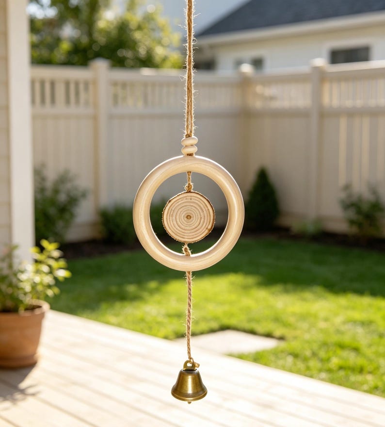 Naturholz Windspiel, minimalistische Zen Hängeglocke, Boho Wohnzimmer Deko, Blattform oder Glockenform, 12 cm Holzring