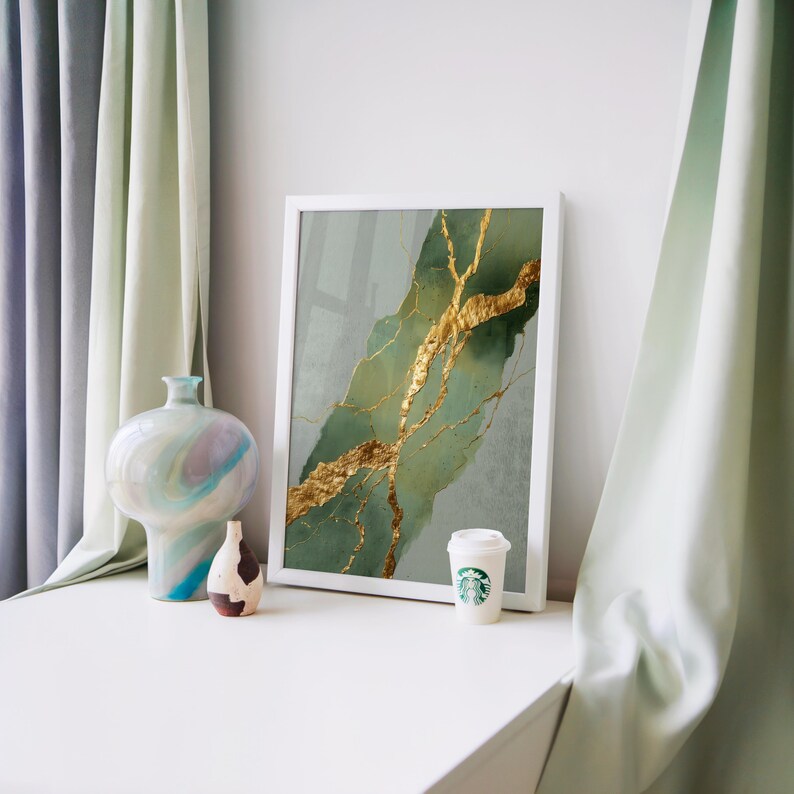 Kintsugi-Kunstdruck, Salbeigrün | Wanddekor-Gemälde, diagonales Rissmuster mit Blattgold