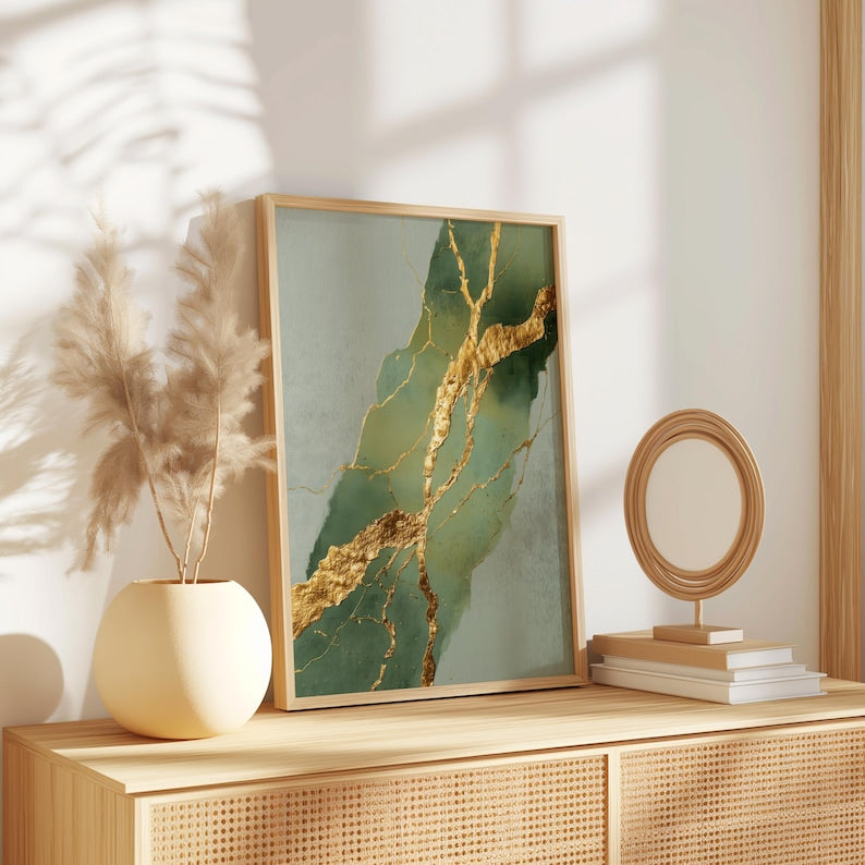 Kintsugi-Kunstdruck, Salbeigrün | Wanddekor-Gemälde, diagonales Rissmuster mit Blattgold