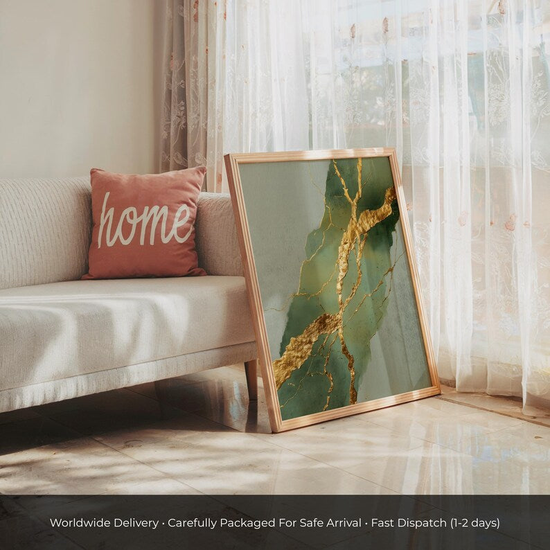 Kintsugi-Kunstdruck, Salbeigrün | Wanddekor-Gemälde, diagonales Rissmuster mit Blattgold