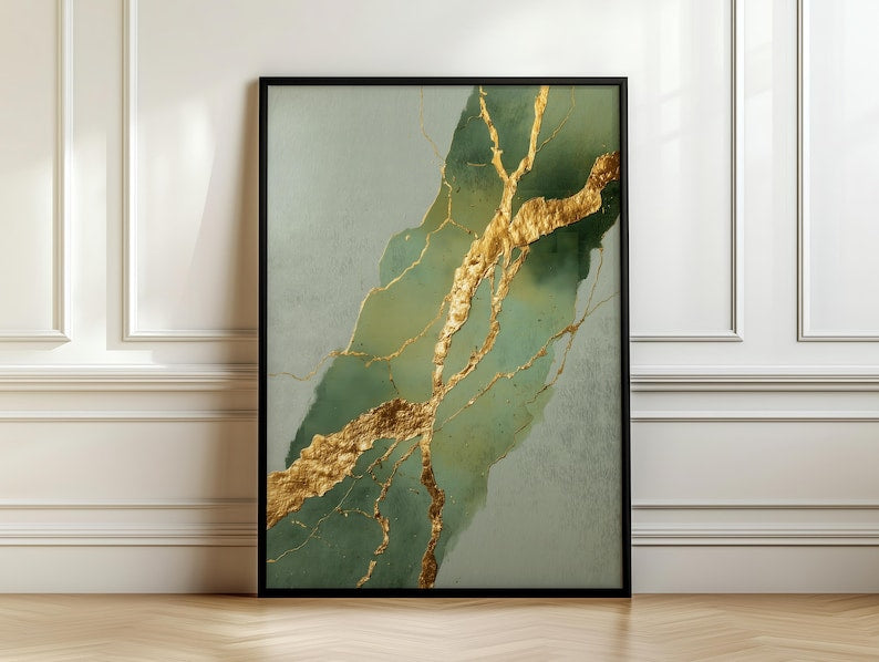 Kintsugi-Kunstdruck, Salbeigrün | Wanddekor-Gemälde, diagonales Rissmuster mit Blattgold