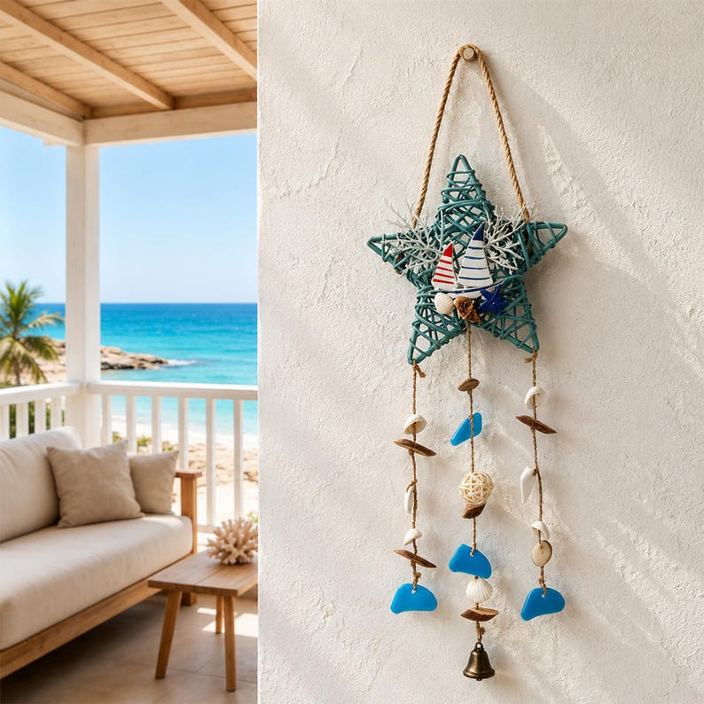Windspiele mit Muscheln und Seesternen, Wanddekorationen aus Rattan, Küstenstil, maritimer Boho-Stil