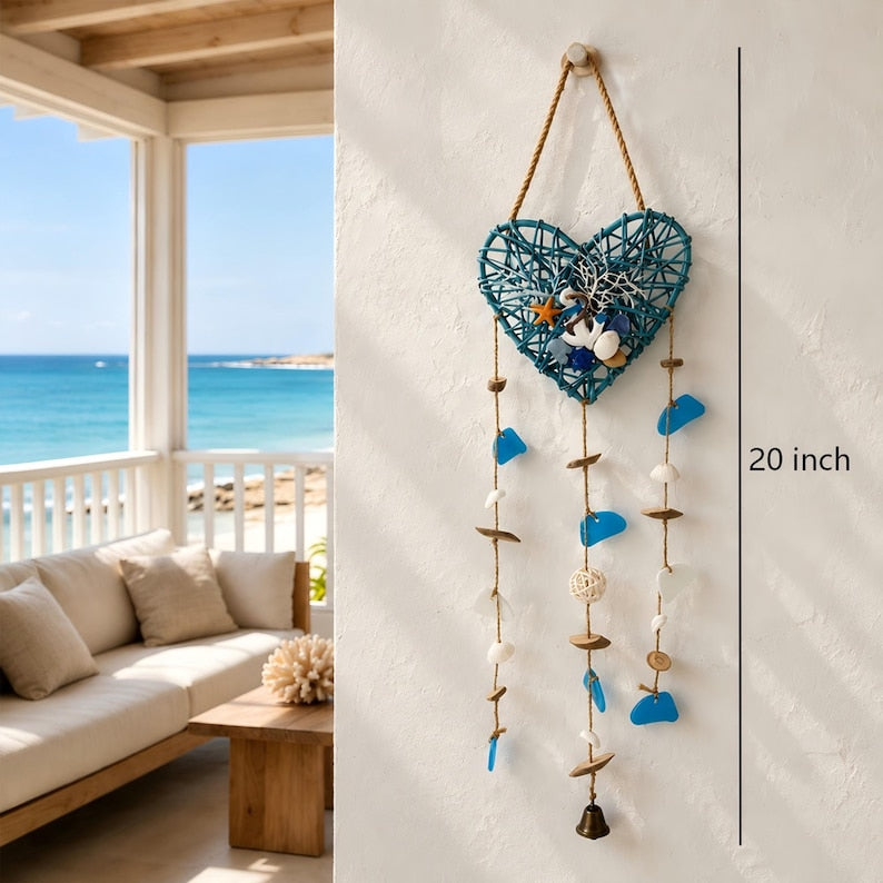 Windspiele mit Muscheln und Seesternen, Wanddekorationen aus Rattan, Küstenstil, maritimer Boho-Stil