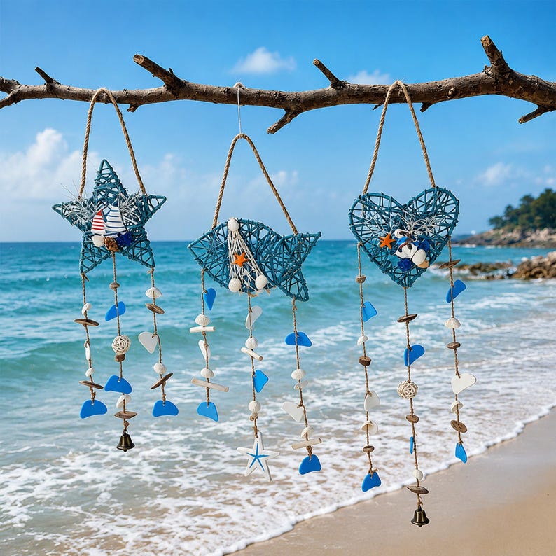 Windspiele mit Muscheln und Seesternen, Wanddekorationen aus Rattan, Küstenstil, maritimer Boho-Stil