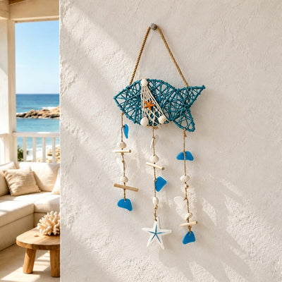 Windspiele mit Muscheln und Seesternen, Wanddekorationen aus Rattan, Küstenstil, maritimer Boho-Stil