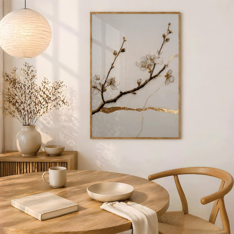 Kintsugi-Pflaumenblüten-Poster als Wanddekoration – Cremefarbene Zweige, geschmückt mit goldenen Pflaumenblüten, Frühlingsdekoration, Kirschblütenkunst
